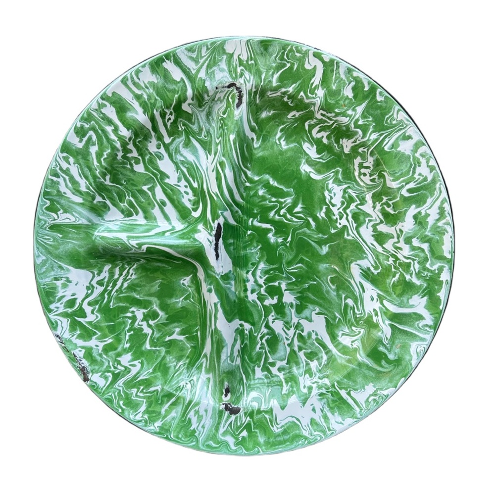 Vintage Green and White Enamelware Divided Camp Plate